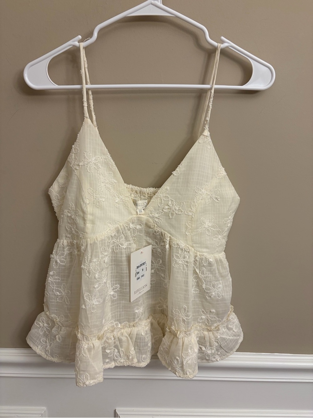 Rebellion Again Cream Embroidered Smocked Floral Cami NWT Coquette Romantic - Picture 1 of 8